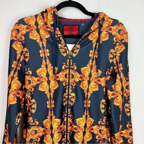 DFND London Jacket Hoodie Mens small Blue Gold full zip up abstract - Picture 2 of 11